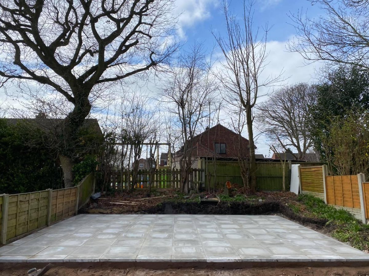 NewtonsGL's tweet photo. Wow what a transformation. Flags laid at the back of the garden for a Wendy house to be build on. We also did an patio area laid with Kandla Grey Indian paving with adding step for our customer. https://t.co/iajT8qcRgi