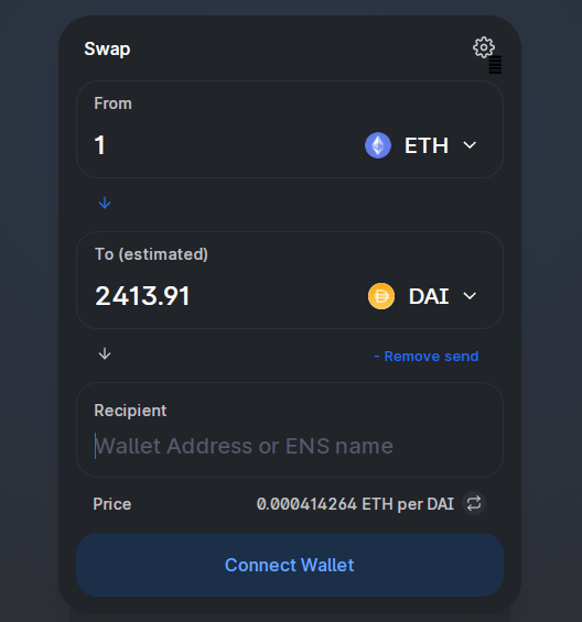 Uniswap Life Hack Do you know that you can execute swap on Uniswap which sends the output to a different address? If you manage multiple addresses and want to sell a token on one and send the output token to other one, you can do it one transaction instead of two and save gas.