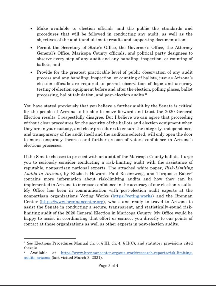 Early last month, I asked  @fannkfann to develop clear procedures related to transparency and security for her “audit,” and to make them available publicly.Seven weeks later, Arizona voters still have almost no information. And what we have learned is not reassuring. 1/