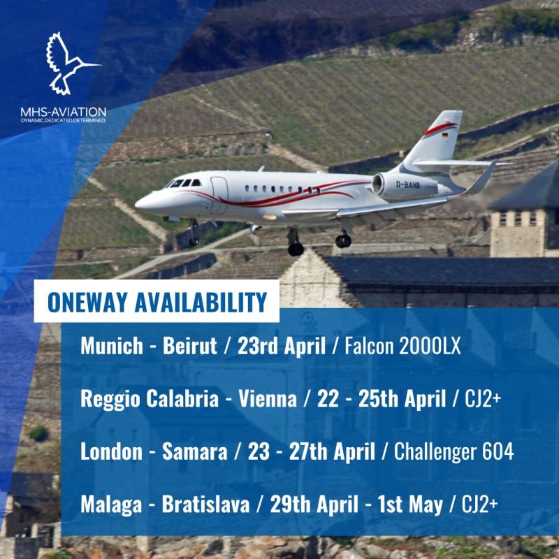 MHS_Aviation's tweet photo. Dear Friends &amp; Business Partners,
Please find below our latest Oneway Availability.

DYNAMIC. DEDICATED. DETERMINED.
sales@mhs-aviation.com | +49 89 97333 33 https://t.co/pVRKW1uo9W