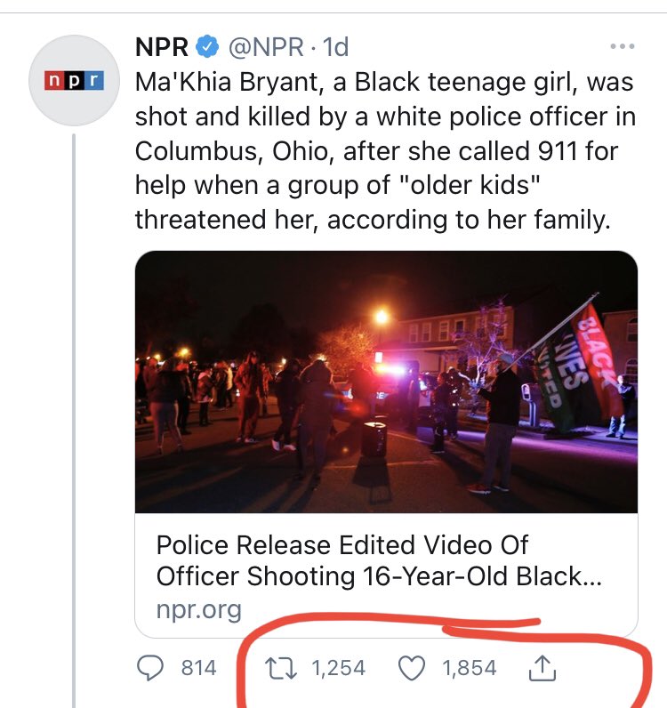  @NPR’s storytelling here is a classic case of how outlets can set narratives that are too stubborn to yield to updated information.Look at the number of retweets for the supposed story vs. the updated, more accurate version post-body cam.Almost a 20x drop-off.