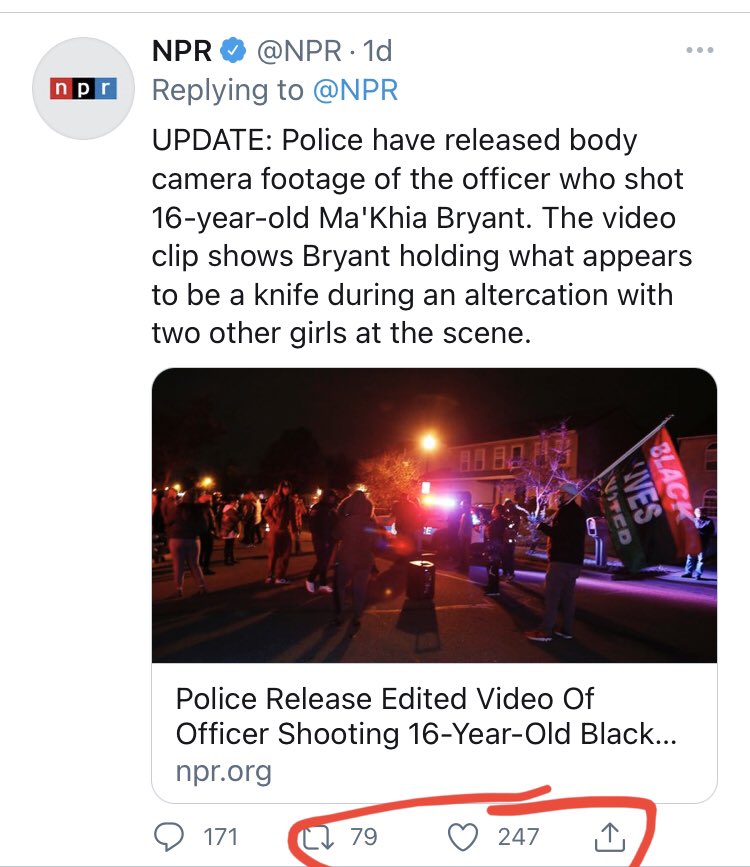  @NPR’s storytelling here is a classic case of how outlets can set narratives that are too stubborn to yield to updated information.Look at the number of retweets for the supposed story vs. the updated, more accurate version post-body cam.Almost a 20x drop-off.