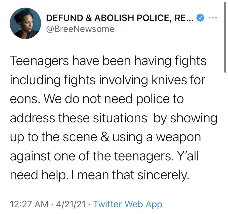 Plenty of people just acted in bad faith.  @ProfessorCrunk,  @ValerieJarrett,  @BreeNewsome & others tried to act like knife fights are a routine part of adolescents.A 13 year old was stabbed to death by another teen down the street in Cincinnati on Monday.  https://www.google.com/amp/s/www.fox19.com/2021/04/21/they-took-my-baby-parents-say-bullying-led-year-olds-stabbing-death/%3foutputType=amp