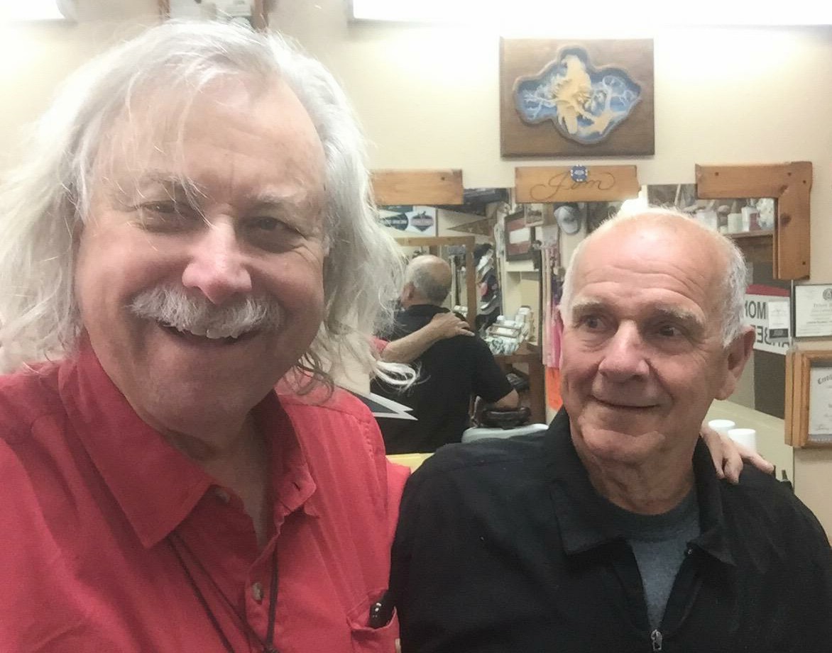 4.  #BeardExit ... phase 3, first haircut in 15 mo. Introducing Jim Simon, my only barber  for the last 49 years ... looking at all that hair.  #ShaveAndAHaircutTwoBits This  #thread documents my  #ThreePhase plan & introduces my new self. #LifeDuringPandemic  #ApocalypseHair