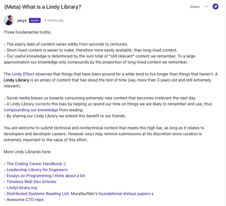 21. Optimize for Retention, not ConsumptionWe are the sum total of still-relevant knowledge we still remember. Not the total of the volume of content we consume. https://codingcareer.circle.so/c/lindy-library/meta-what-is-a-lindy-library