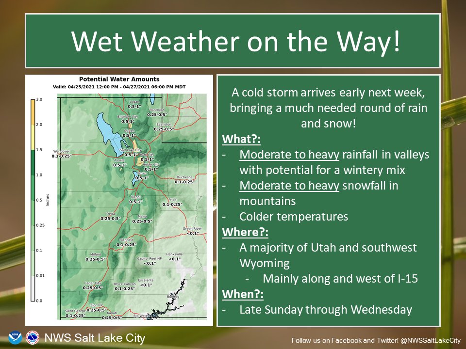 NWSSaltLakeCity's tweet image. Heads up Utah and southwest Wyoming! A significant storm is forecast for the area, and is expected to begin making impacts by late Sunday. Significant rain and snow is on the way... here&apos;s a quick overview of what&apos;s to come! #UTwx #WYwx