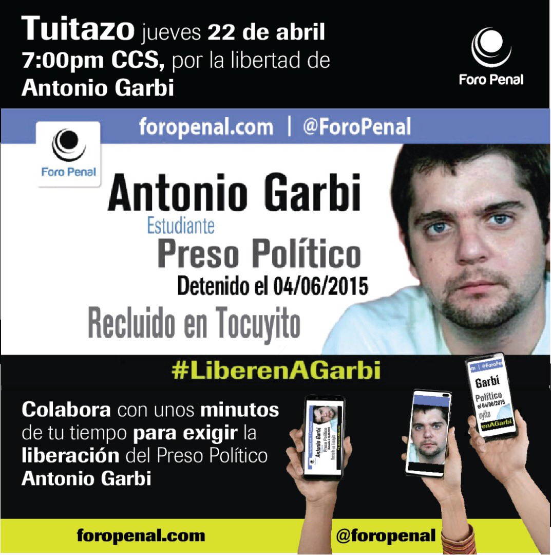 alfredoromero's tweet photo. #22Abril Hoy en 15mins 19:00 (Caracas/ ET) apoya esta causa por la liberación del #presopolitico Antonio Garbi https://t.co/vrgrtqkHuW