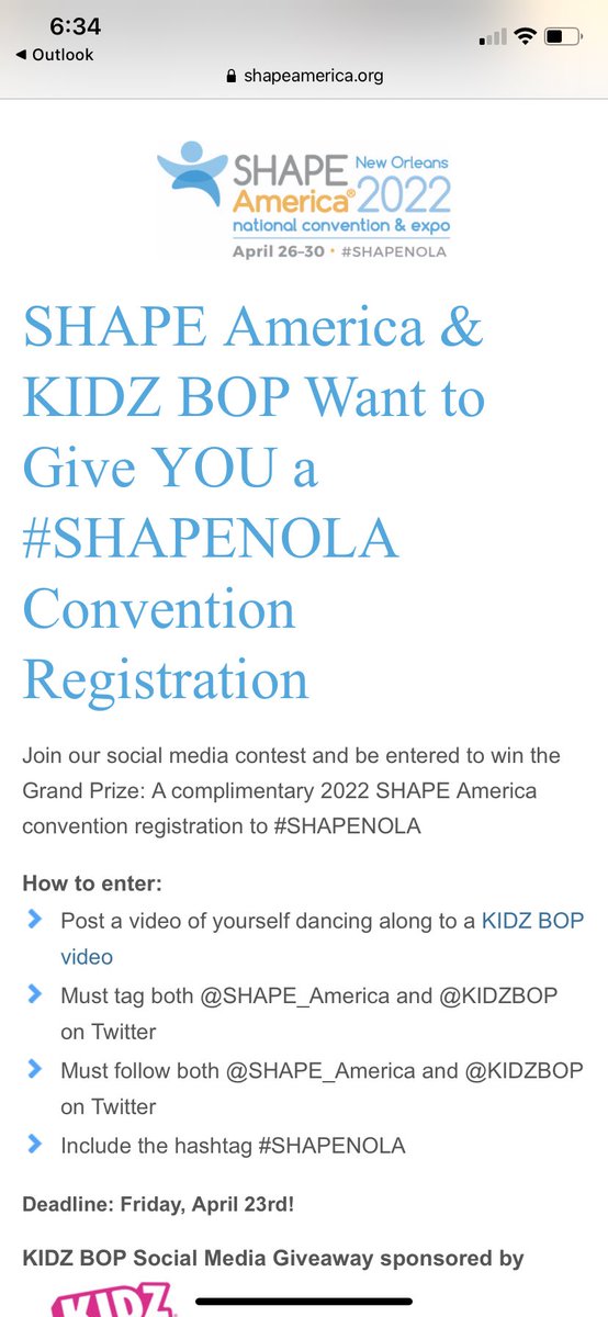 JOIN SHAPE America in the chance to win a complimentary trip to #SHAPENOLA convention in 2022. Post a video of you dancing along to a kidz bop song and tag SHAPE and KIDZ BOP to enter to win! You must also be following <a href="/KIDZBOP/">KIDZ BOP</a> and <a href="/SHAPE_America/">SHAPE_America</a> and include DEADLINE IS TOMORROW!