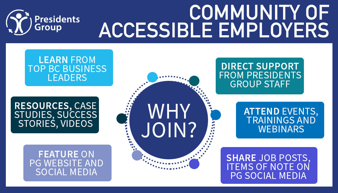 AccessEmployers's tweet photo. Still haven't joined the Presidents Group's Community of Accessible Employers? If you work for a BC-based business passionate about inclusive employment, we want to connect with you! Check out all the FREE perks of joining our Community. https://t.co/rpceGVTNHD https://t.co/jYaLOnYTcb