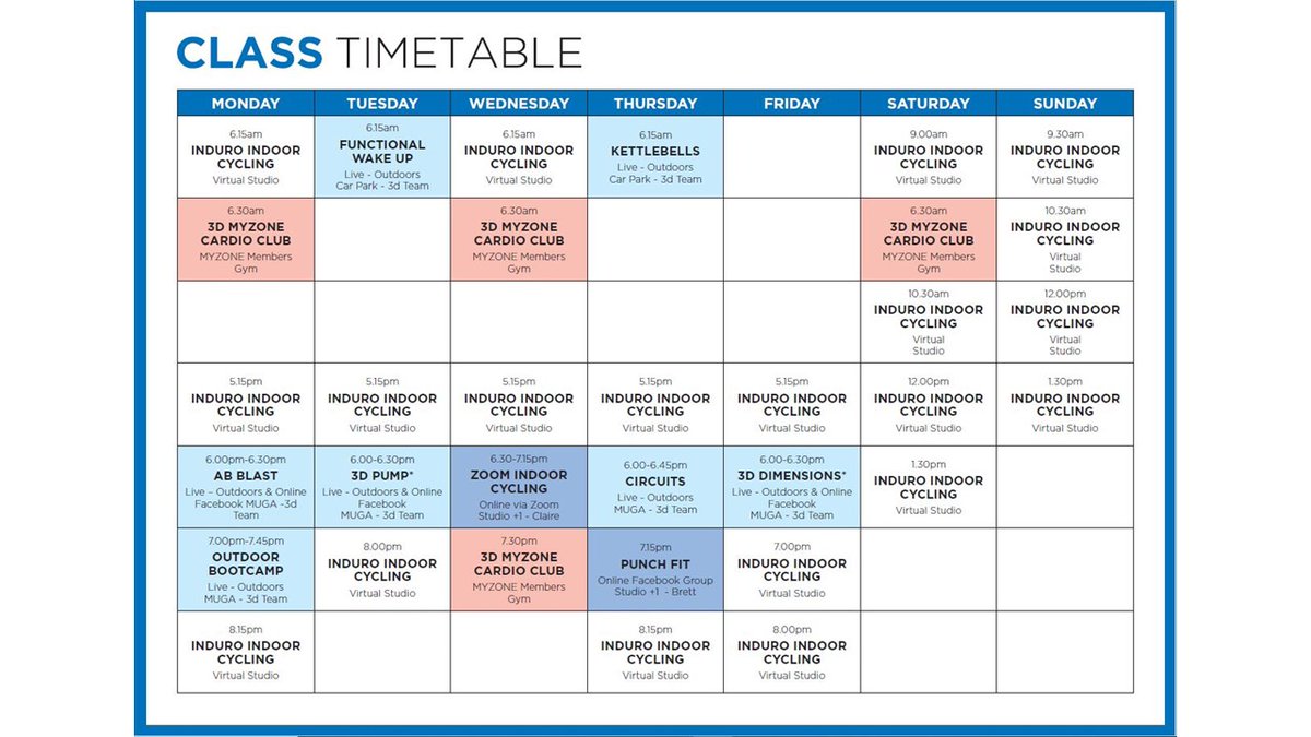 Our Latest Class timetable - something for everyone. #outdoors, #online, #myzone, #virtual
Book online for outdoor group exercise and cardio club
Book 1 to 1 coaching and virtual indoor cysling via reception
#fitness
#classes
#weyvalley
#weymouth https://t.co/hIfRLdUlr7