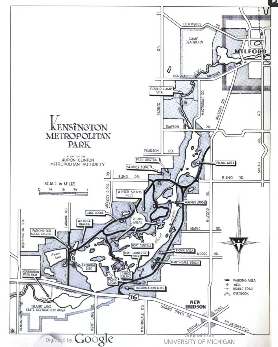 The first park the authority successfully opened in 1947 was Kensington Metropark 33 miles from Downtown at the intersection of Grand River Ave. and the Huron River. A dam was constructed that enlarged the lake to its size today. The park was expanded again in the mid 50s