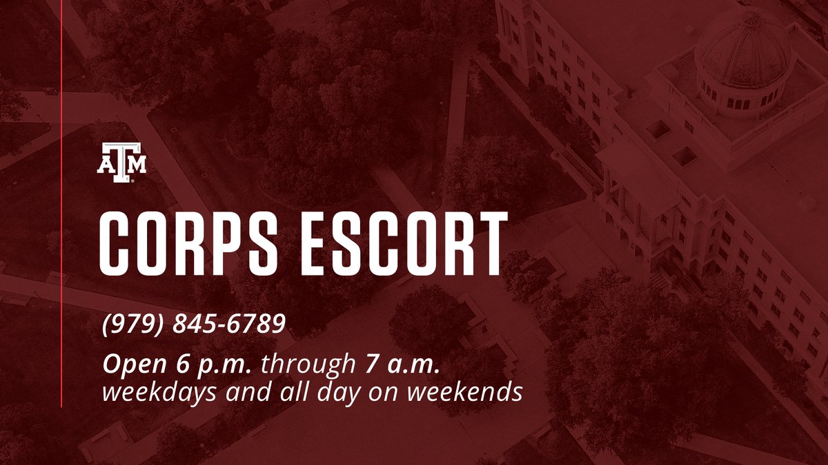 TAMU's tweet photo. There should never be a reason to feel unsafe on campus at night.

Between 6 p.m. and 7 a.m. weekdays and all day on weekends, the @AggieCorps Escort Service will meet you and help you safely travel across campus. 👍 #tamu https://t.co/Me5nGfnJ7C