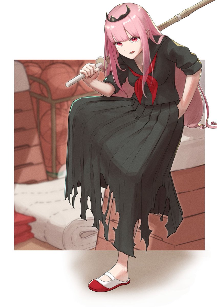 mori calliope 1girl pink hair long hair school uniform solo tiara holding  illustration images