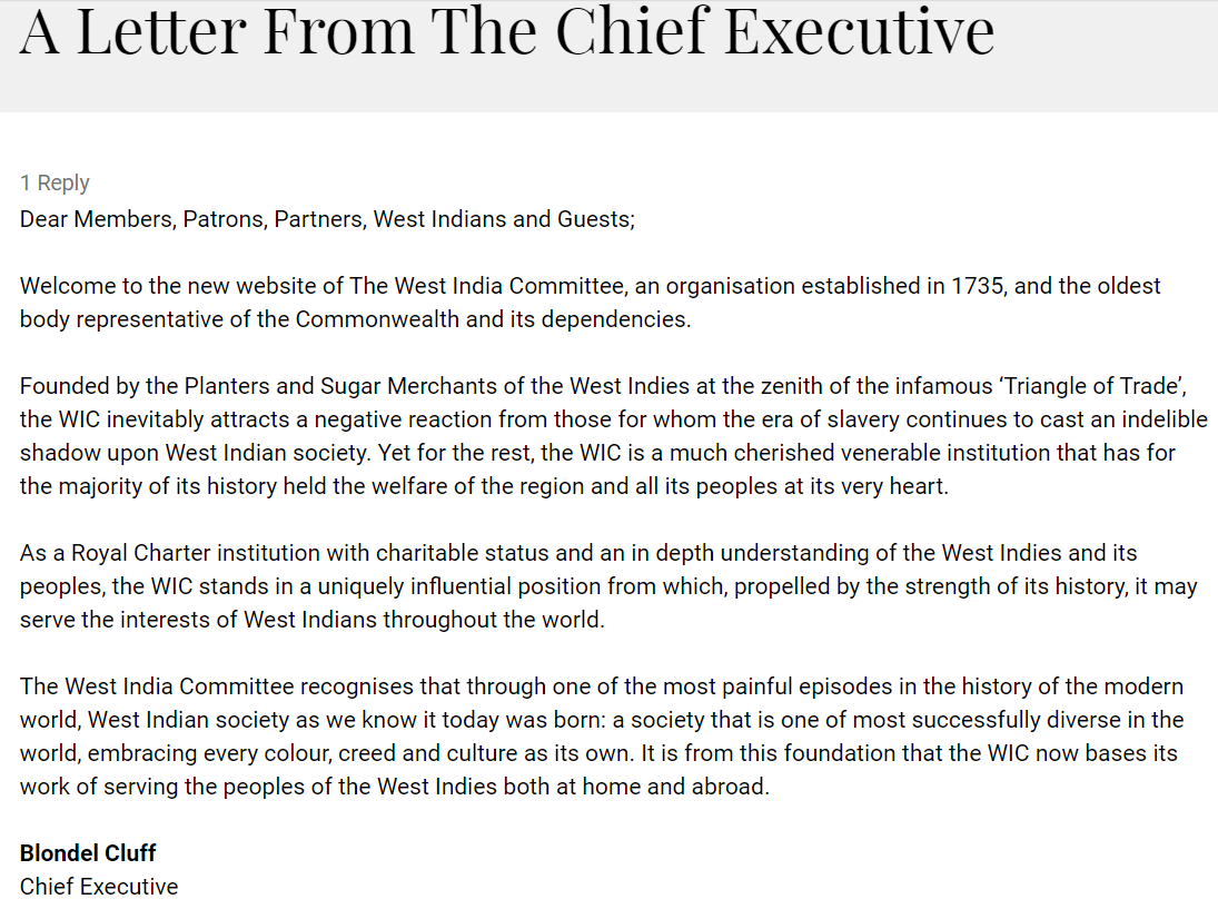 Tone of this letter from the Chief Executive appears to cast those for whom its pro-slavery history "inevitably attracts as negative reaction" as a trouble-making fringe. ht  @Hargraver  https://westindiacommittee.org/open_letter_from_the_chief_executive/