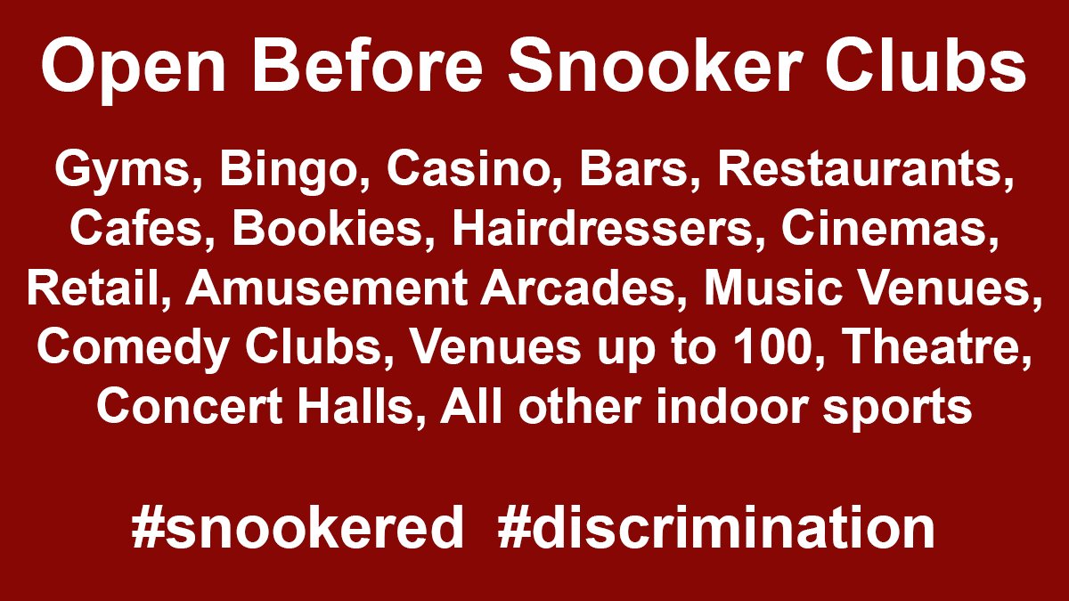 SnookerScottish's tweet photo. Why is snooker in Scotland adrift from all other non contact indoor sports? Why is snooker adrift from hospitality? @jasonleitch @NicolaSturgeon @jasonferguson5 
#snookered
#discrimination 
#covid19 https://t.co/YWV5E1QcZO