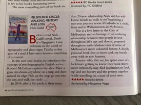 "A love letter to the city of Melbourne, and an homage to an enduring relationship between two people in love through life's ups and downs ...A deeply personal book that at times took my breath away with its raw honesty." Thank you @msbookchick! <a href="/GoodReading/">Good Reading Magazine</a>  <a href="/Aus_Scholarly/">ASP / Arcadia / Arden</a>