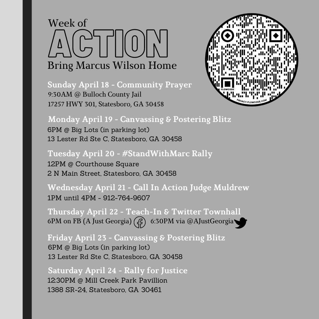 AJustGeorgia's tweet photo. And if you're in or can get to South Georgia, join us for the rest of the Week Of Action! #StandWithMarcWilson https://t.co/hydCTPgUC8