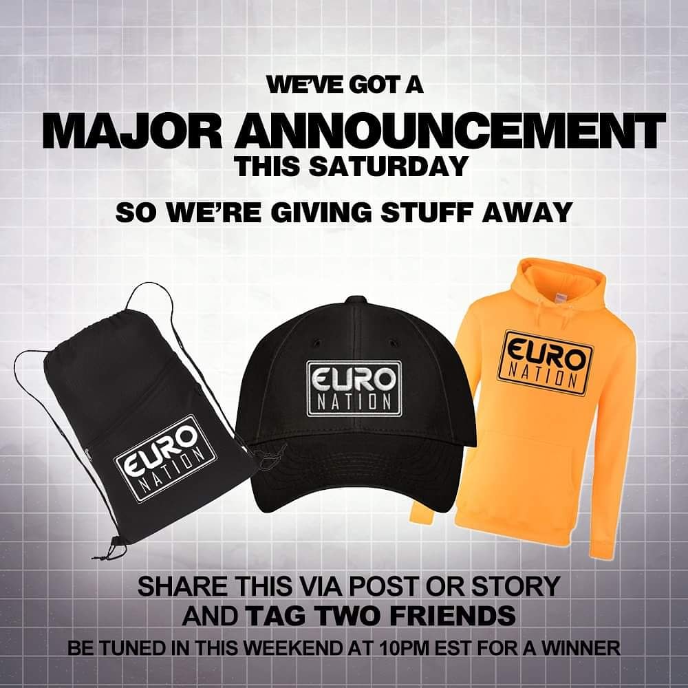 WE'RE MAKING A HUGEEEEEE ANNOUNCEMENT THIS WEEKEND! And we want to get you rocking our apparel. So simply share this via story or post and tag two friends. We will then choose a winner this weekend on our broadcast. Better be tuned in to hear your name.#contest #euronation #radio https://t.co/L1SUjewZ44