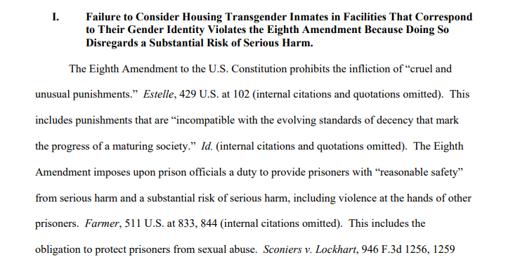Some official stances the Department of Justice took today: "Failure to Consider Housing Transgender Inmates in Facilities That Correspond to Their Gender Identity Violates the Eighth Amendment Because Doing So Disregards a Substantial Risk of Serious Harm."