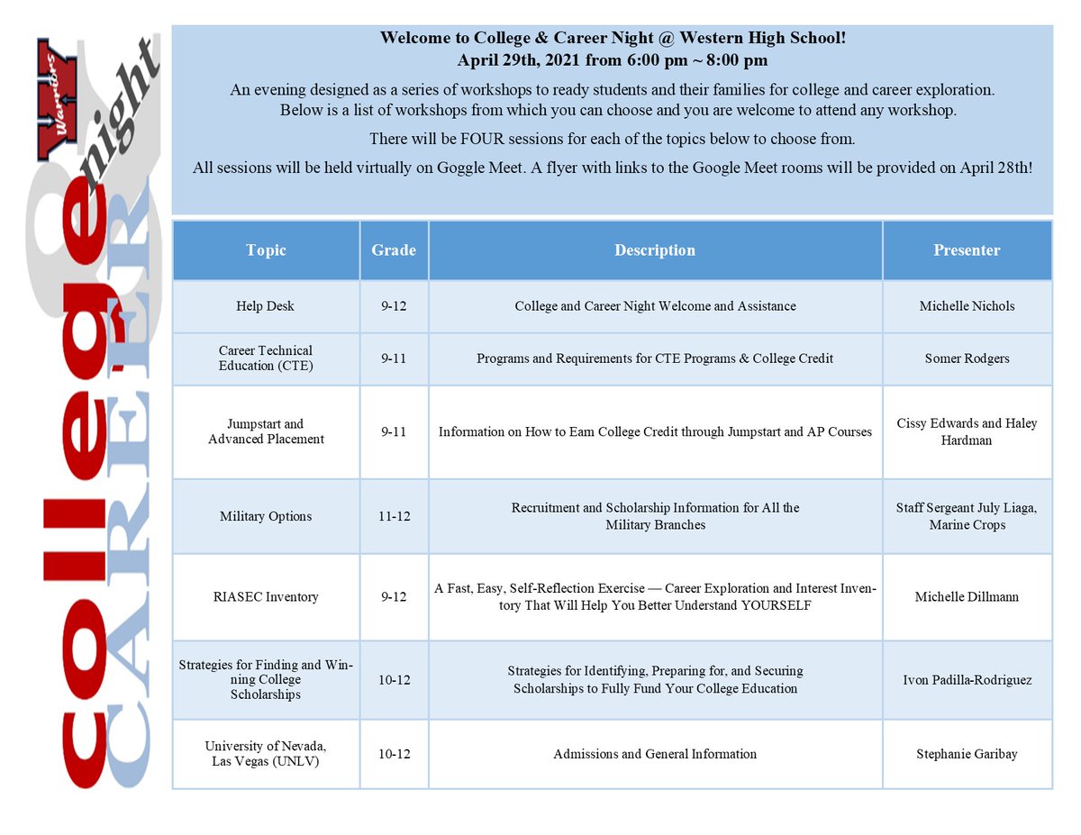 Join us Thurs, 04/29 for a virtual Spring College &amp; Career Night.  We have a variety of sessions for HS students at all grade levels.  A menu of links will be posted westernhswarriors.org an hour prior to the event. #TheWarriorWay #BuildDevelopDeploy @PrincipalRael
