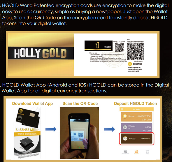 10/25BitSense from Singapore will be providing the tech and know how for Hollygold to achieve its crypto goals. A variety of options are available to make their ecosystem work efficiently. - Hgold encrypted cards- App wallet- Cold wallet- Vending machine- POS system