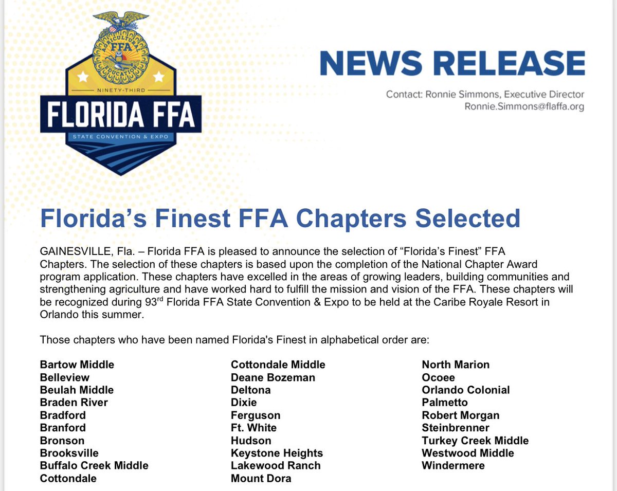 Belleview FFA was selected as one of Florida’s Finest FFA Chapters for the 2020-21 School Year! Congratulations to our hard working students! <a href="/BHSHappenings/">Principal Guest</a> <a href="/FallonDriver/">𝔽𝕒𝕝𝕝𝕠𝕟 𝔻𝕣𝕚𝕧𝕖𝕣</a> <a href="/Ash_Morgan_CTE/">Ashley Morgan</a>