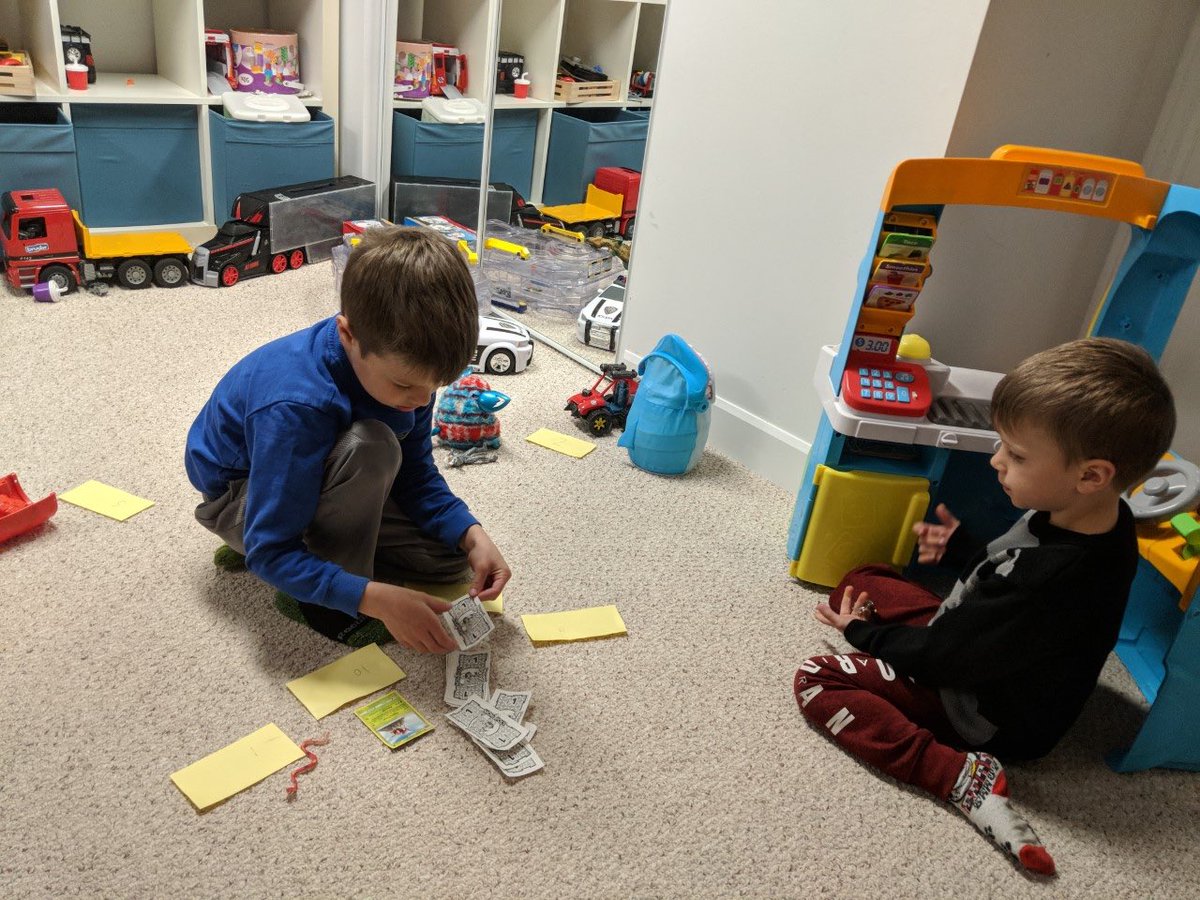 STCKindergarten's tweet photo. The Kinders have begun to explore money. We are learning the names and values of coins. Practicing how to print numbers, count, and add is fun while they play at the toy stores they created. https://t.co/Msn7MDPCeL