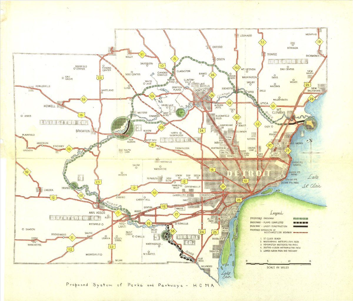 The original vision of linking the parks with a parkway was somewhat tabled under the influence of infamous racist planner Robert Moses. He consulted HCMA to ditch the parkway (which would have connected them perfectly to Detroit's Aves) and instead focus on freeway connections