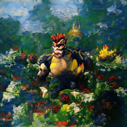 bentonlmao's tweet photo. The Big Sleep (CLIP + BigGAN) by @advadnoun is amazing.

Here's "Bowser from Mario 64 by Claude Monet" https://t.co/D2ADmDfGoF