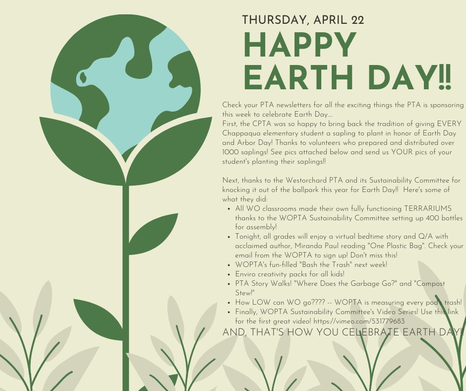 ChappaquaPTA's tweet image. Happy Earth Day from the Chappaqua PTA!