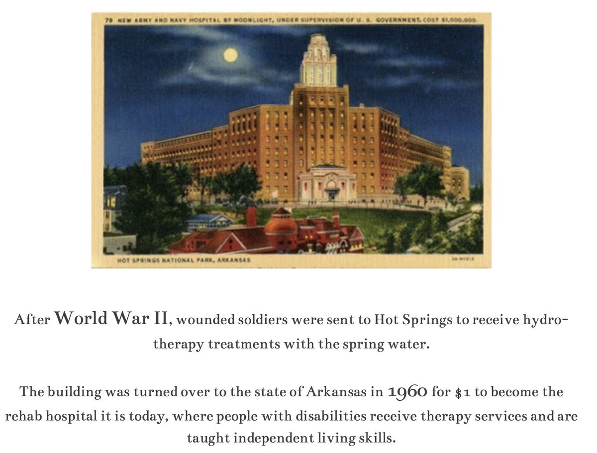 Healing springs controlled by govt, not allowing people access to healing water. Found this card Rockafellow? hotel in hot springs.. but nothing shows up about this structure online? Army/Navy Hospital.The valley, waters, fountains have visible vapors blue green cast rising.