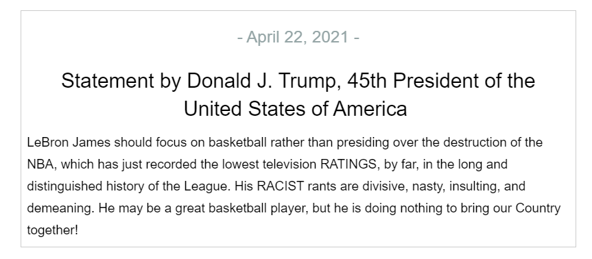 President Trump releases statement on LeBron James