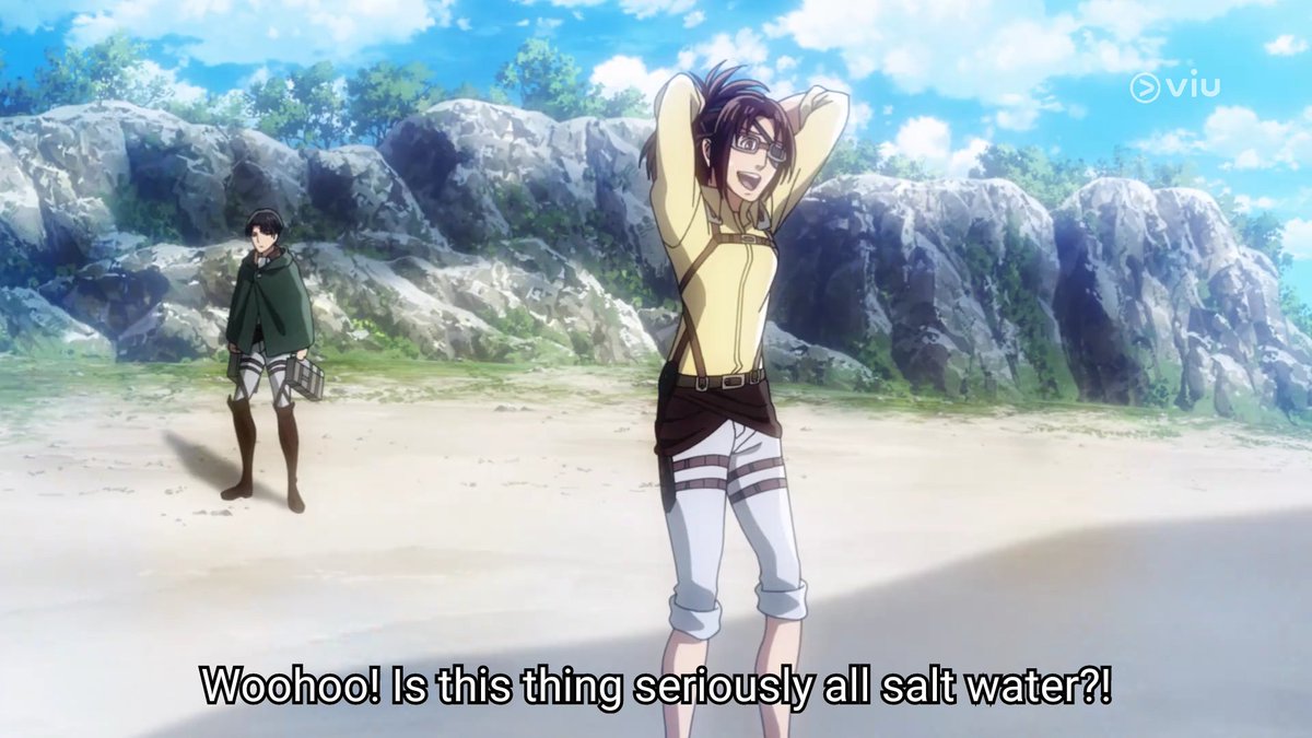 the survey corps made it out to the sea for the first time but levi seems to be too preoccupied on worrying and watching over hanji.