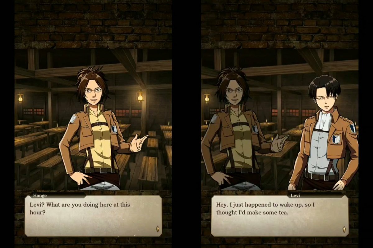 aot tactics: levi said he just happened to wake up because he wanted to drink tea but it seems like he went to check up on hanji on purpose. he even used his expensive tea. (thanks  @fantasyphs and  @levihannnn for the screenshots!)
