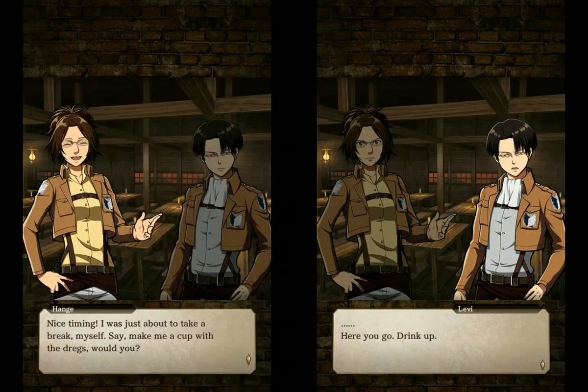 aot tactics: levi said he just happened to wake up because he wanted to drink tea but it seems like he went to check up on hanji on purpose. he even used his expensive tea. (thanks  @fantasyphs and  @levihannnn for the screenshots!)