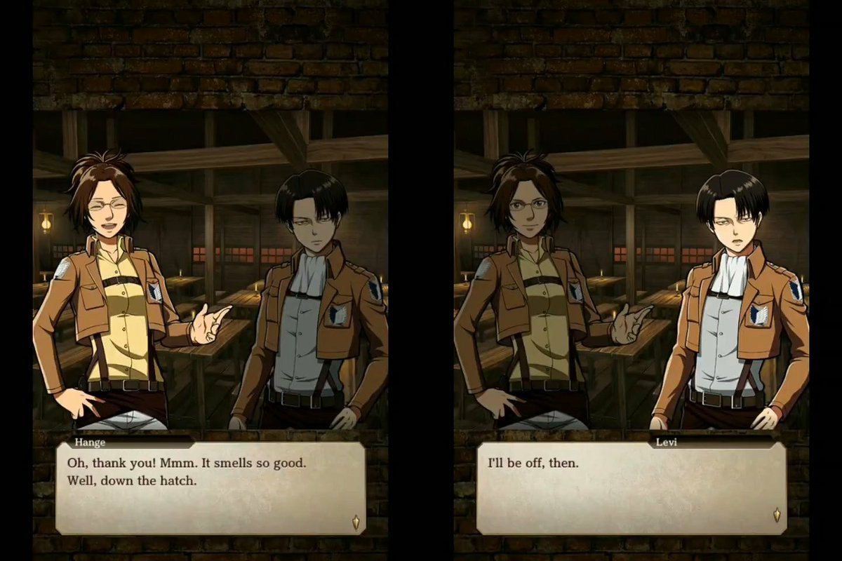 aot tactics: levi said he just happened to wake up because he wanted to drink tea but it seems like he went to check up on hanji on purpose. he even used his expensive tea. (thanks  @fantasyphs and  @levihannnn for the screenshots!)