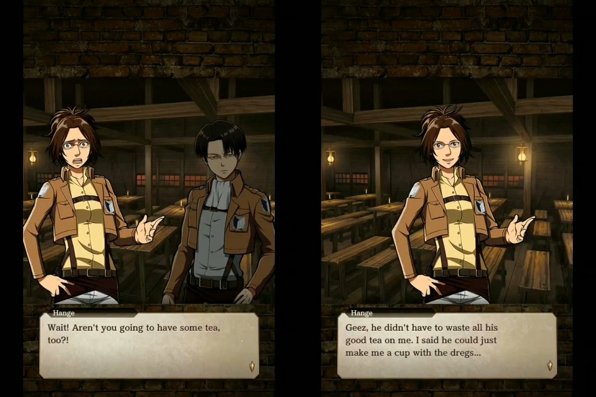 aot tactics: levi said he just happened to wake up because he wanted to drink tea but it seems like he went to check up on hanji on purpose. he even used his expensive tea. (thanks  @fantasyphs and  @levihannnn for the screenshots!)