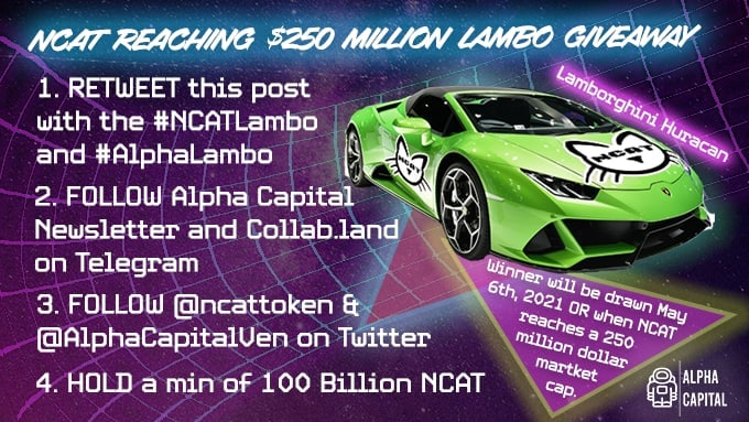 AlphaCapitalVen's tweet photo. Hurry! Don't miss your shot at owning your very own Lamborghini Huracan, FREE! Vroom Vroom ποΈπ¬οΈ
Join the first-ever #Crypto LAMBO giveaway. It's easy! Just follow the rules below:
#NCATLambo #AlphaLambo #cryptocurrencies #CryptoNews #nftcollector #altcoin #CryptoNews https://t.co/d66EnU5QqO