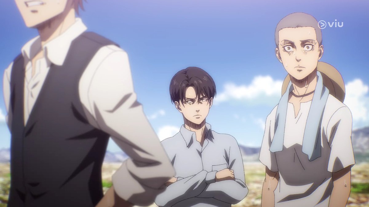 hanji watching levi with a small smile while the latter was complaining at how the 104th had grown much taller than him