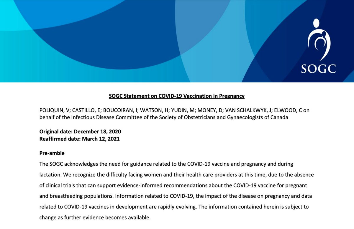 4. Also relevant:Society of Obstetricians and Gynaecologists of Canada: Statement on COVID-19 Vaccination in PregnancyLink:  https://bit.ly/3gy7Dg3 