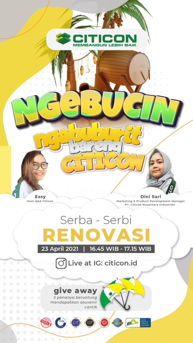 Ketemu hari Jumat lagi.... yey
Time to Ngebucin 😆
Ngebucin kali ini akan membahas tentang renovasi rumah, kalau ada Sahabat Citicon yang punya pengalaman/pertanyaan seputar renovasi rumah boleh di share

Akan kita bahas di Live Instagram Citicon @citicon.id pukul 16.45
Seee yaaa