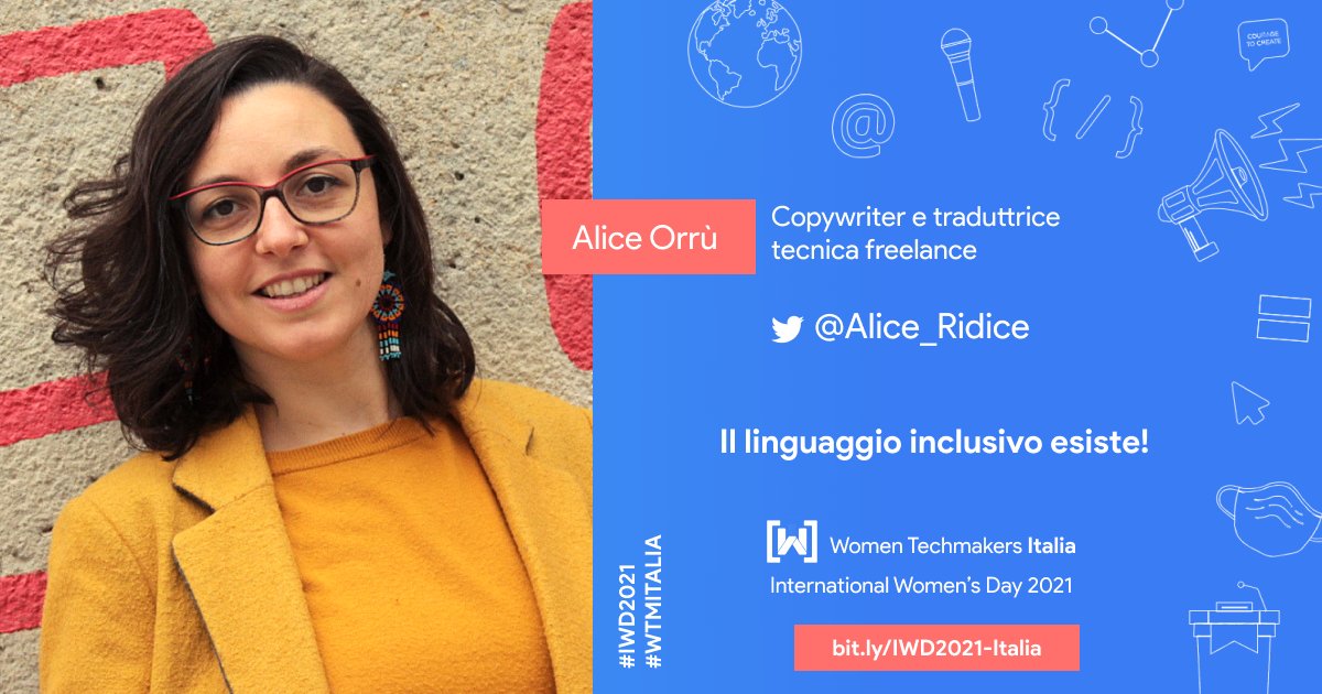 Non perdetevi l’#IWDItalia2021! 🎉
Qui @Alice_Ridice ci parlerà di #LinguaggioInclusivo! 😍

Alice è una copywriter e traduttrice tecnica. È parte attiva della comunità #WordPress e parla in pubblico di scrittura tecnica, inclusività e partecipazione femminile nel settore IT. 😎