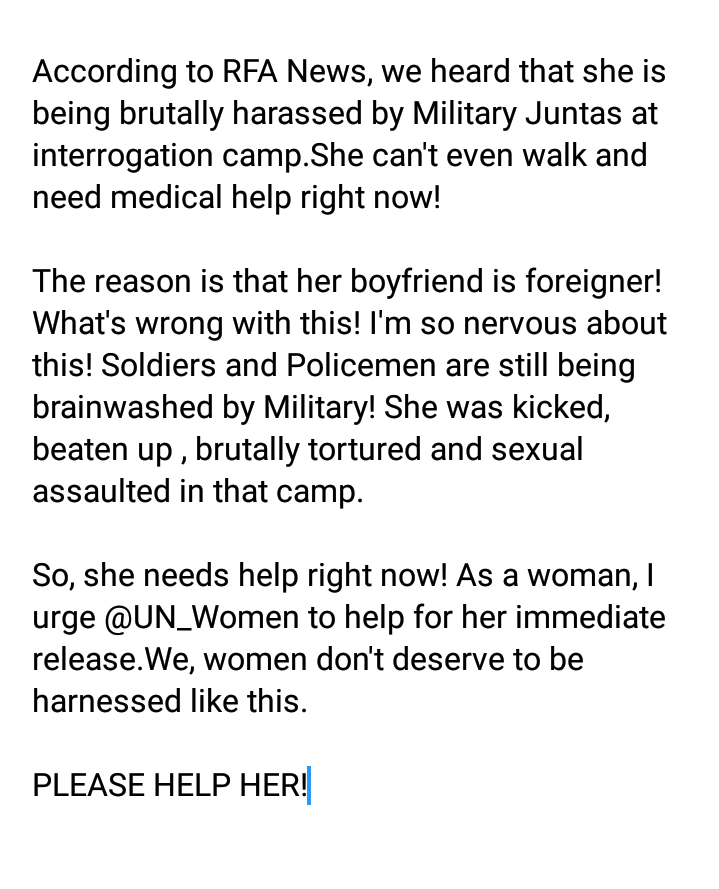 KyawSitThway4's tweet photo. RFA new confirmed that Khin Nyein Thu was brutally beaten, tortured and sexually assaulted by the soldiers and police during the abduction for her involvement in anti-coup protest. She is a young and talented contemporary dancer. We worry for her safety. 
#CrimesAgainstWomen https://t.co/I4fpLYvo7T