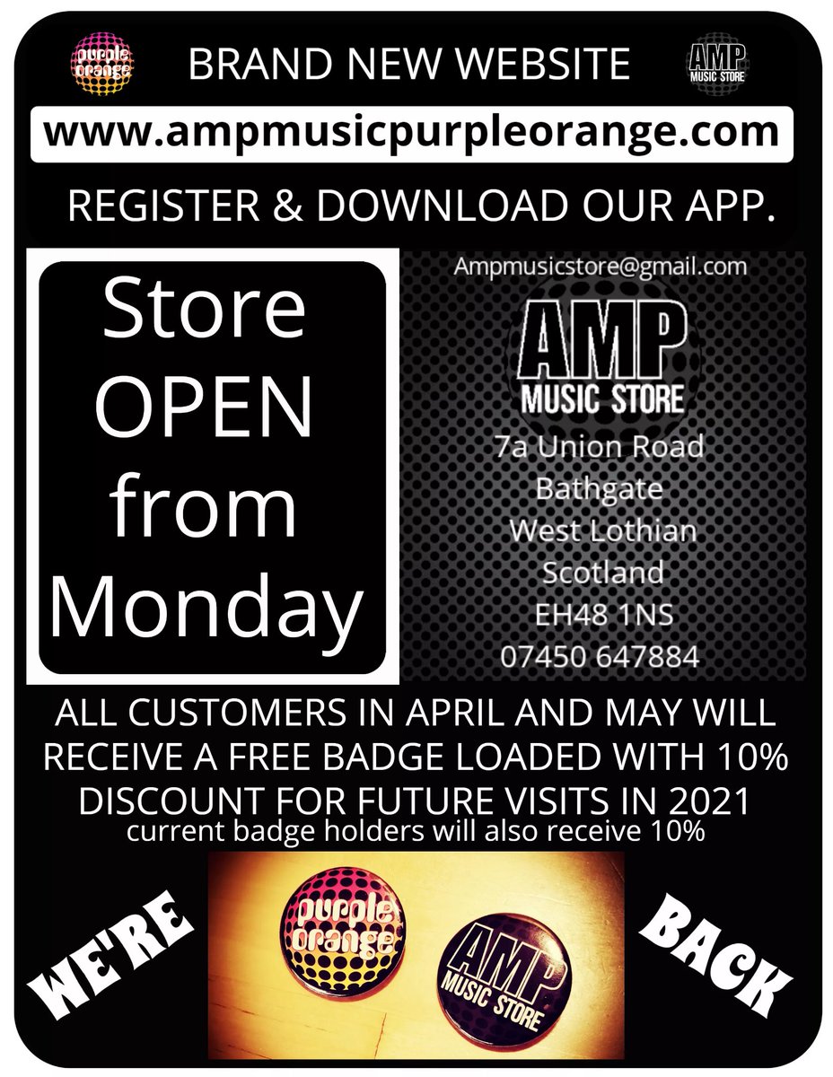 Scotthorsburgh1's tweet photo. Open 10 on Monday loads of new stock and offers see you soon #ampmusicstorebathgate #purpleorangeartsvenue #ampmusicfestival #ampfestwestlothian https://t.co/Wac8ux3f9B
