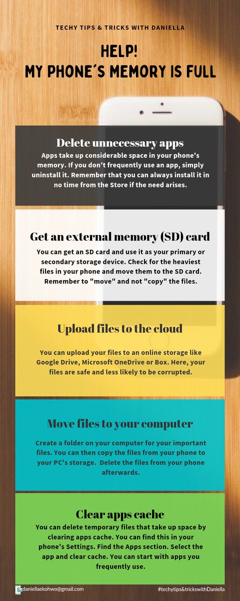 Dofgreengables's tweet image. 1. Delete unnecessary apps. 

2. Move your files to an external memory (SD) card. 

3. Upload your files to a cloud storage. 

4. Transfer files to your computer. 

5. Delete temporary files. 

#techytips&amp;amp;trickswithDaniella

#tech #android