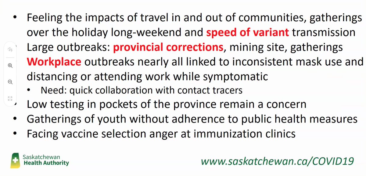 -- Feeing impact of travel in and out of communities-- Large outbreak at mining site-- Low testing in some areas-- Inconsistent mask use and distancing at play in nearly all workplace outbreaks -- "vaccine selection anger" at clinics  #skpoli