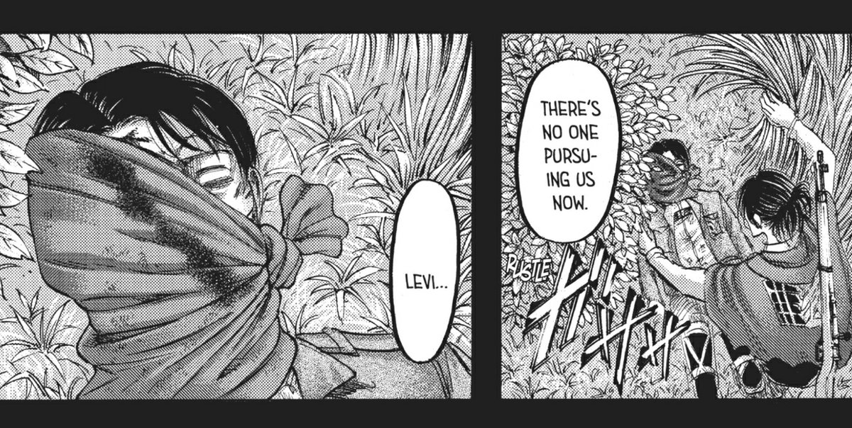 +reminder that levi is heavier than hanji and they managed to swim against the raging current of a river while carrying him. it wasn't shown but it's already understood that hanji had to carry and hide him into safety while they fend of the yeagerists after them.