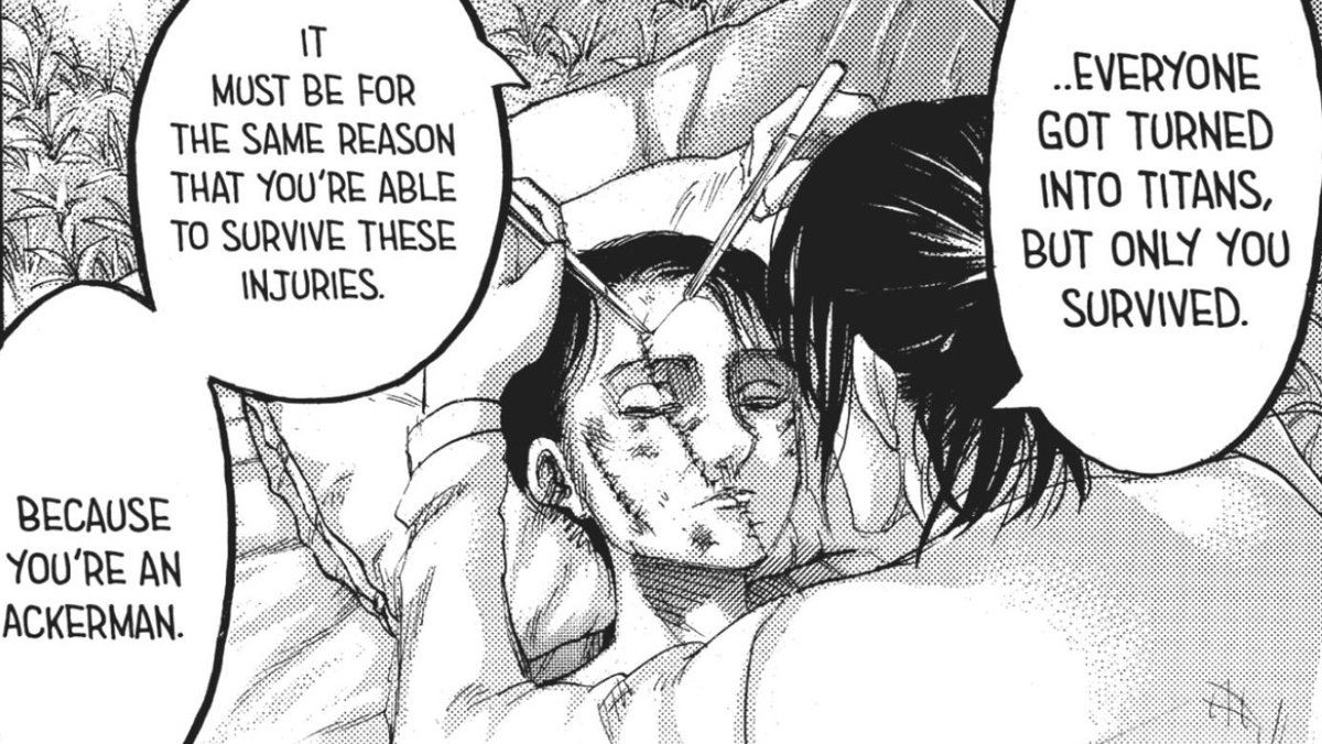 +hanji tended to his wounds with so much care. also the dialogue here? it feels like hanji was convincing themself that levi is going to be safe and he is gonna surely recover from his injuries.