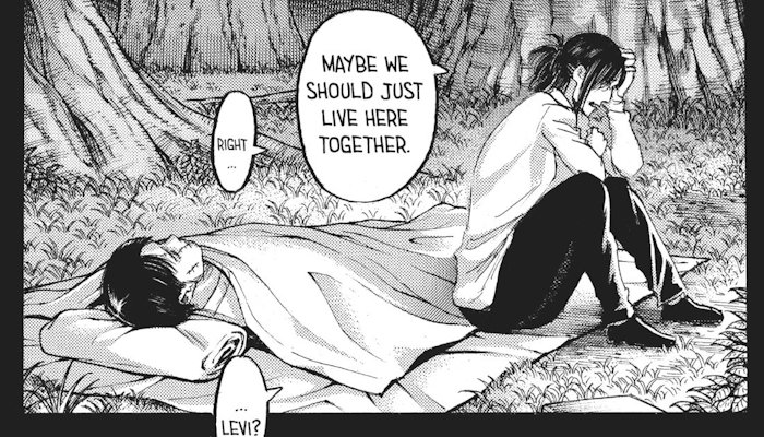 hanji asked levi if they should just live together (hanji blushed after learning that levi heard what they said) this pretty much tells us that if hanji wants to live a peaceful life, they want levi safe with them as well.