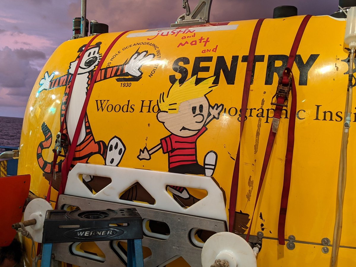 As is tradition, #AUVSentry gets dressed up for its final dive of the cruise. "Let's go exploring!" is a perfect sentiment for Sentry, which discovered a new active vent site on that last dive. (Huge kudos to electrical tape artists Justin &amp; Matt!)